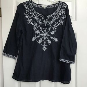 Studio Works Tunic Navy Blue White embroidered womens Top Size XLP